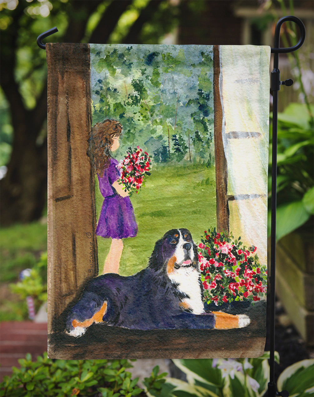 Little Girl with her Bernese Mountain Dog Flag Garden Size