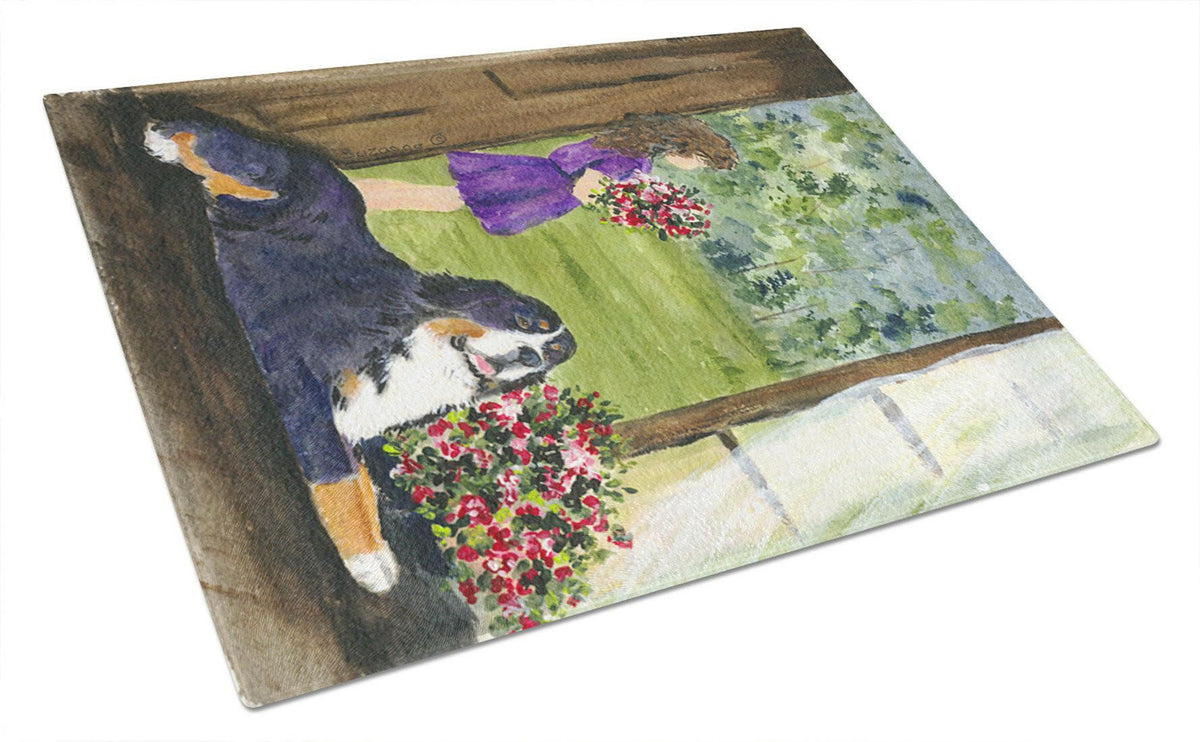 Little Girl with her Bernese Mountain Dog Glass Cutting Board Large by Caroline&#39;s Treasures