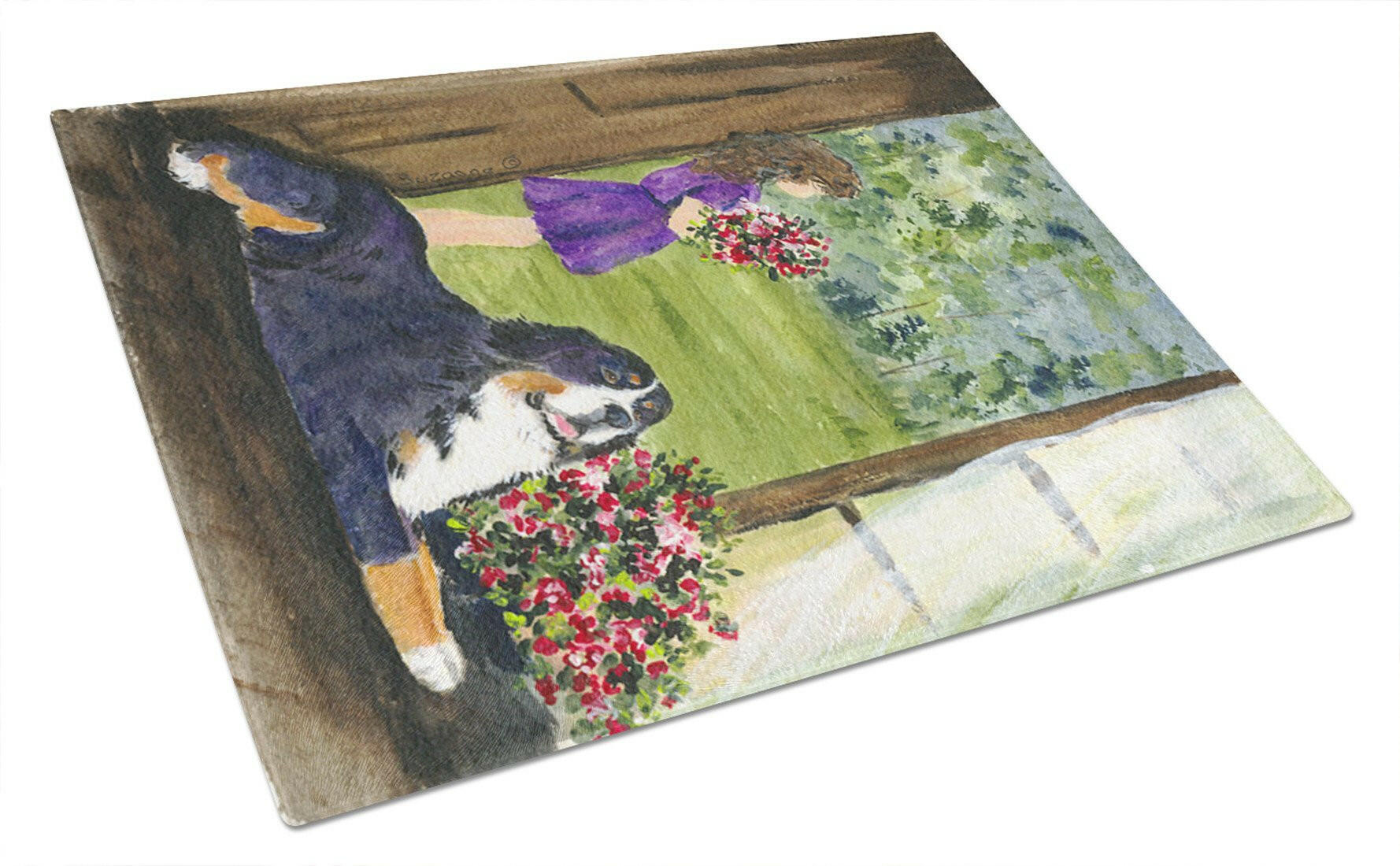 Little Girl with her Bernese Mountain Dog Glass Cutting Board Large by Caroline's Treasures