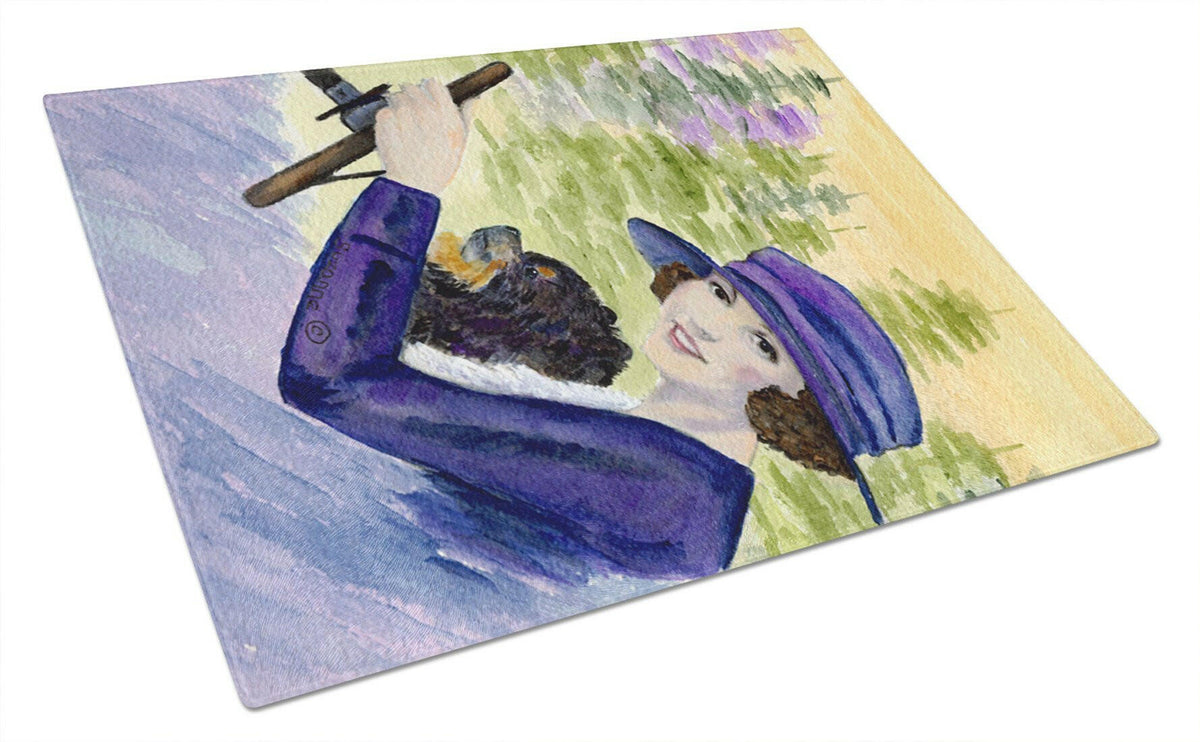 Lady driving with her Pomeranian Glass Cutting Board Large by Caroline&#39;s Treasures