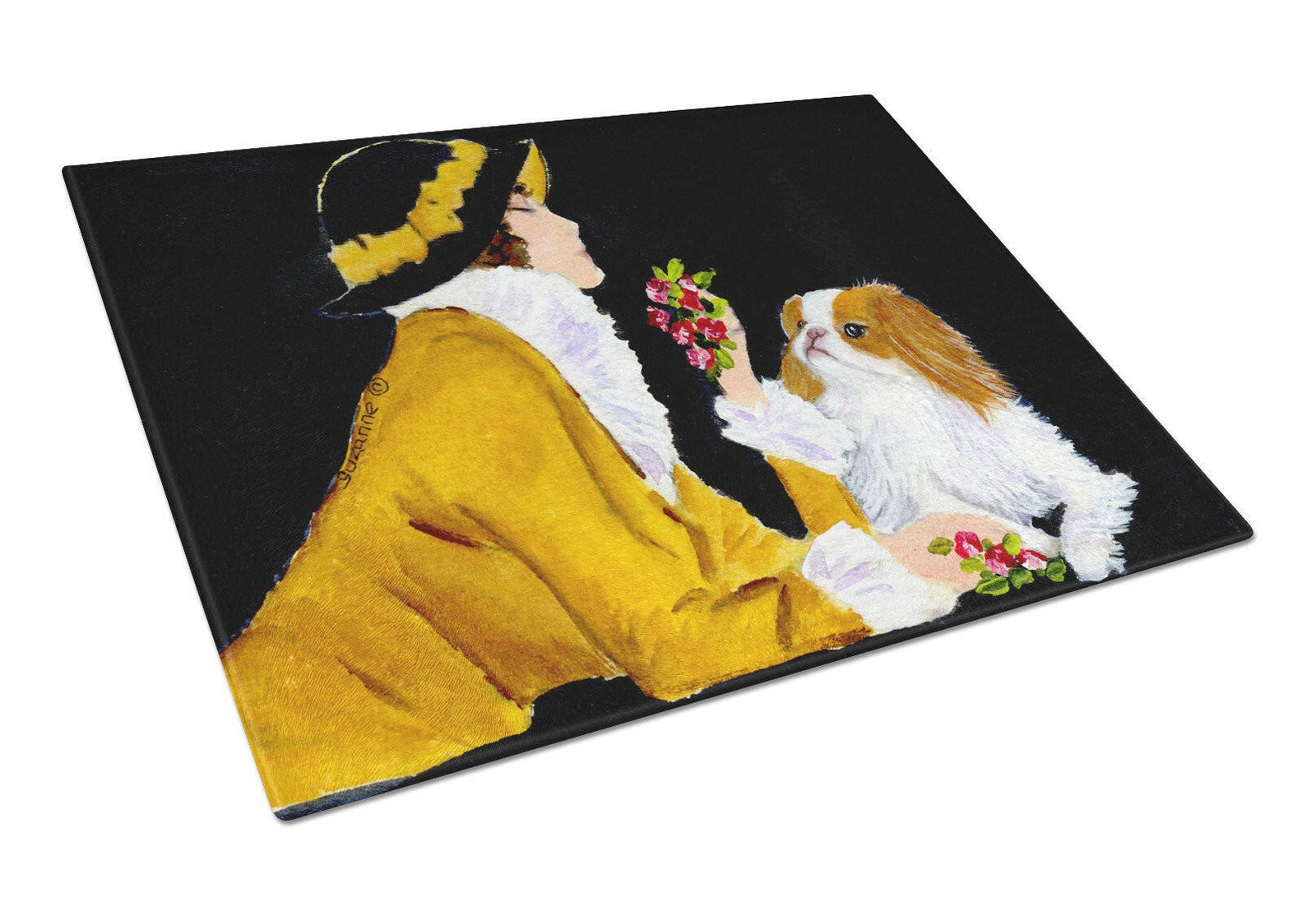 Lady with her Yorkie Glass Cutting Board Large by Caroline's Treasures