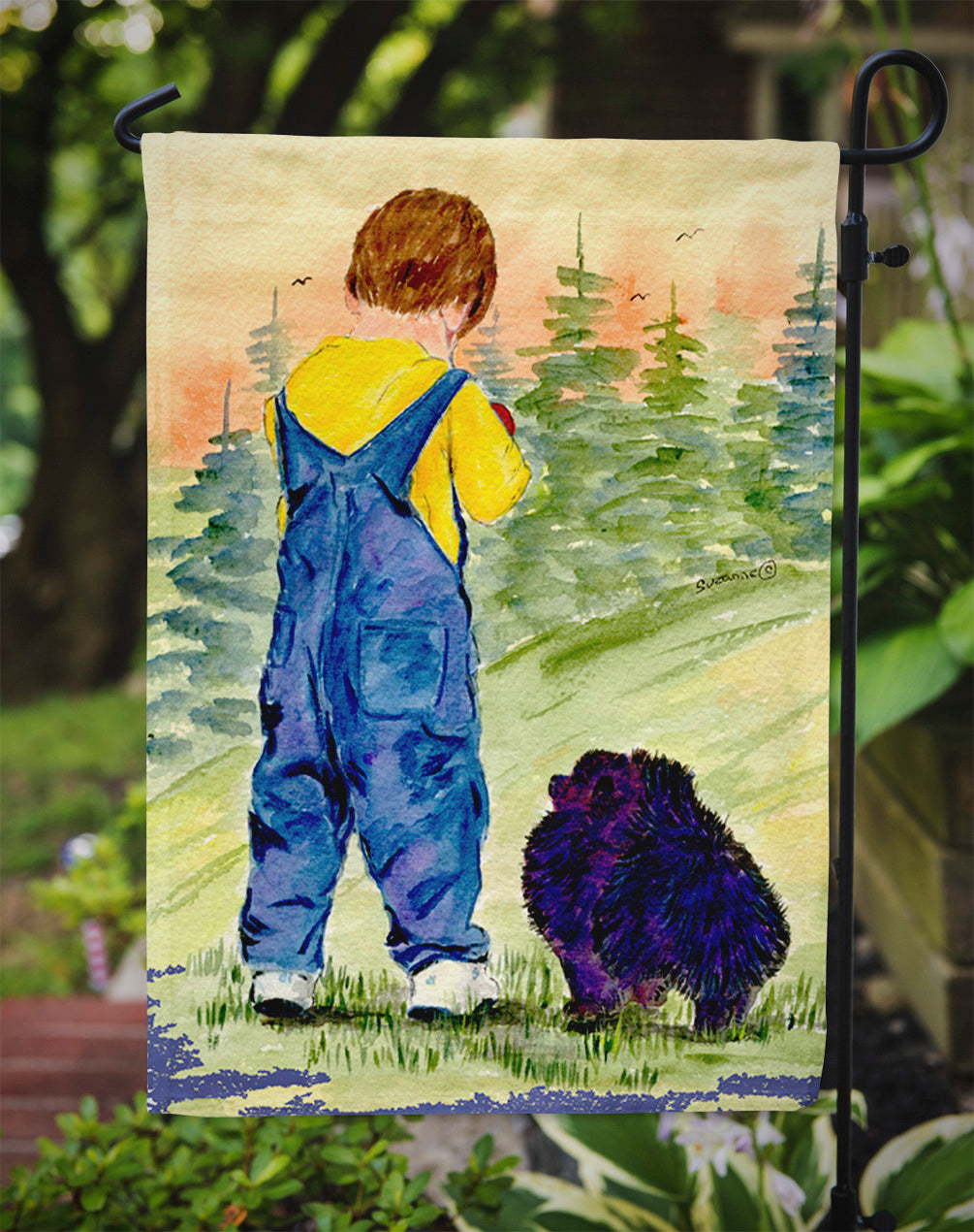 Little Boy with his  Pomeranian Flag Garden Size.
