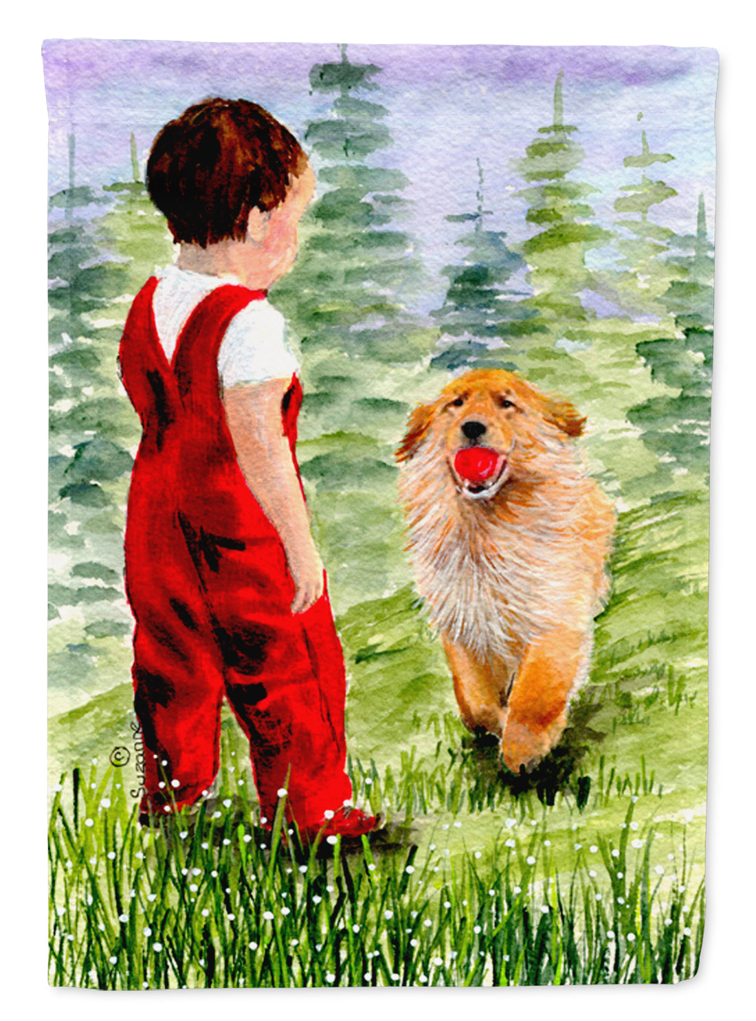 Little Boy with his  Golden Retriever Flag Canvas House Size  the-store.com.