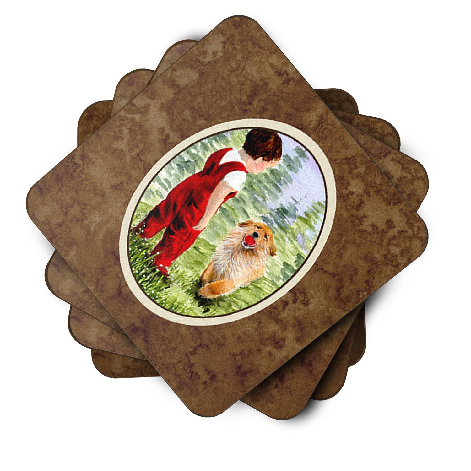 Little Boy with his  Golden Retriever Foam Coasters Set of 4 - the-store.com