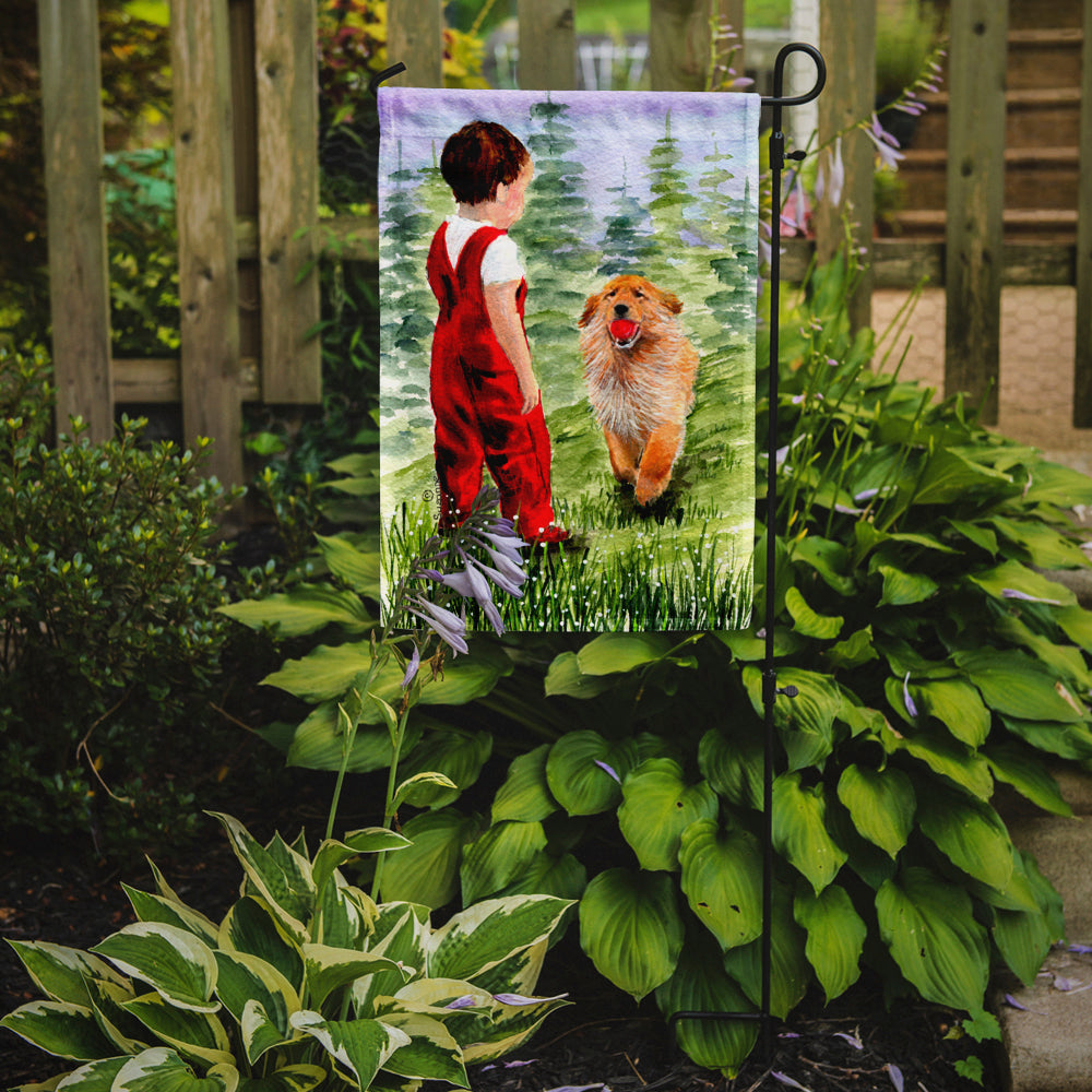 Little Boy with his  Golden Retriever Flag Garden Size.