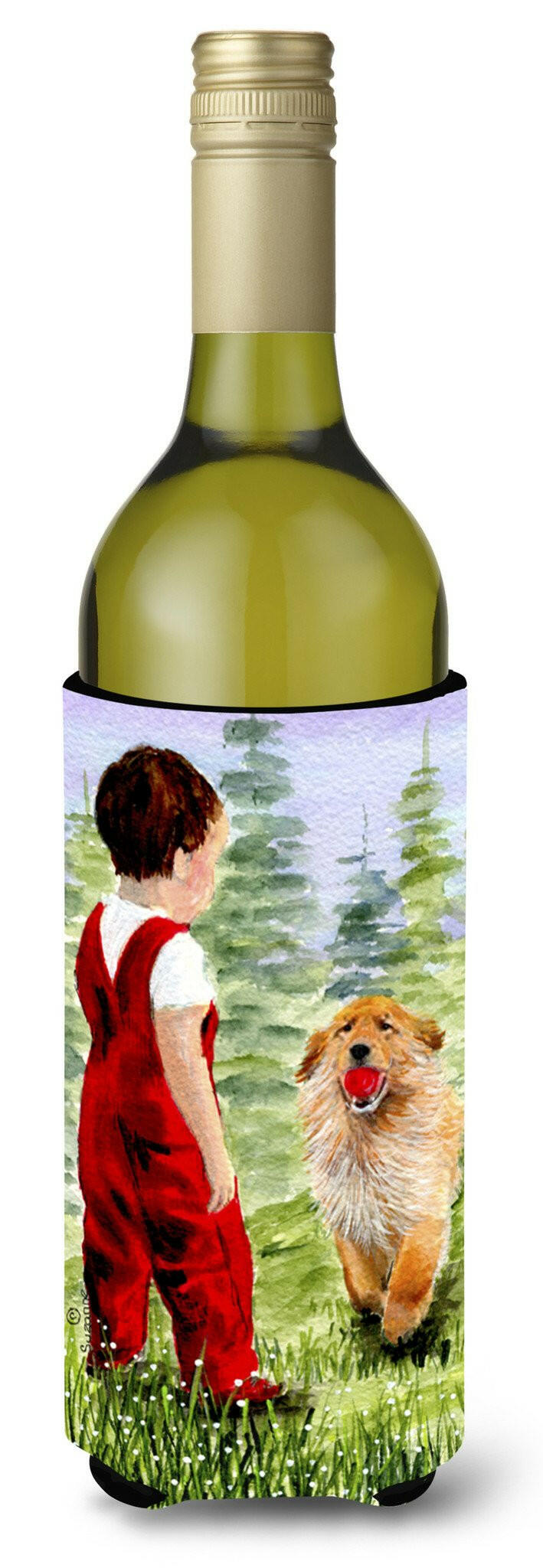 Little Boy with his  Golden Retriever Wine Bottle Beverage Insulator Beverage Insulator Hugger by Caroline's Treasures