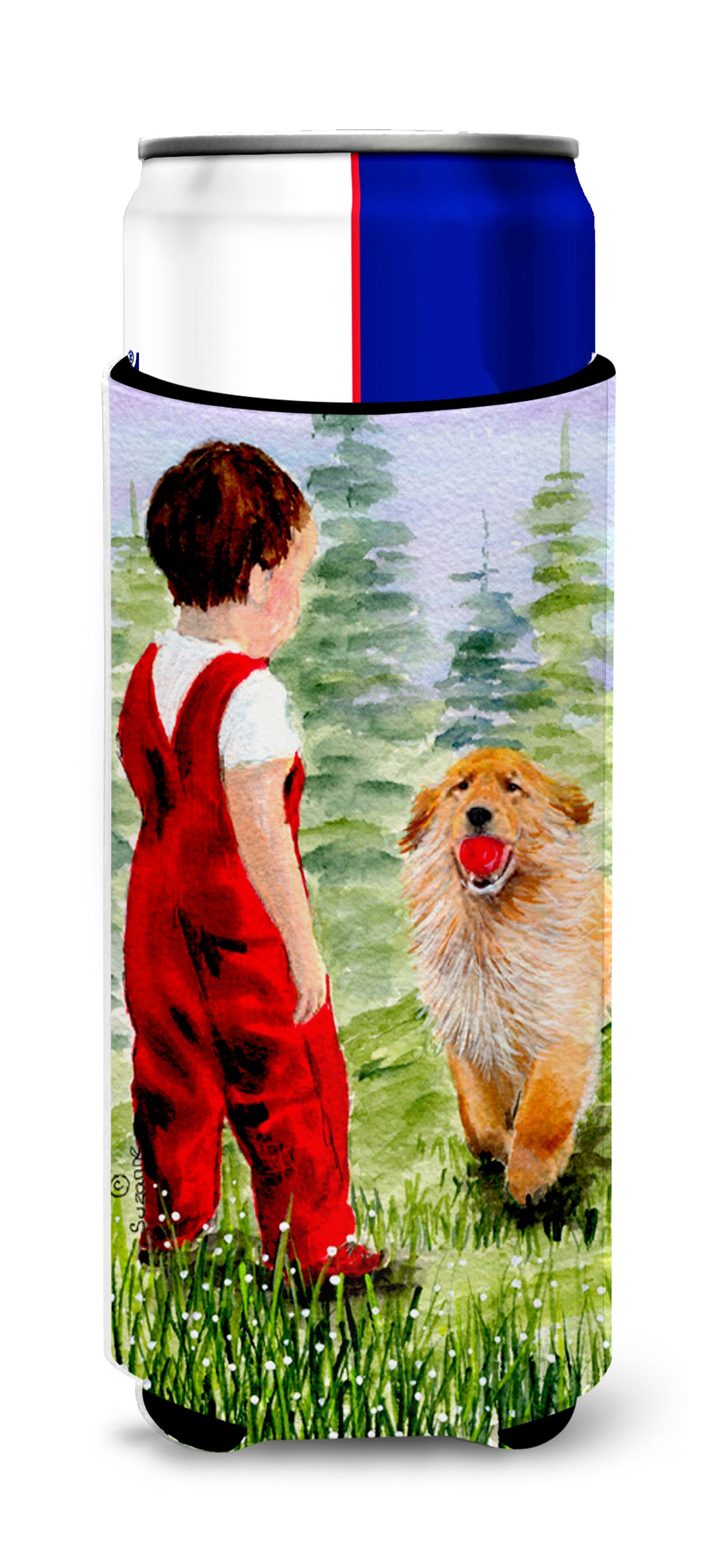 Little Boy with his  Golden Retriever Ultra Beverage Insulators for slim cans SS8545MUK.