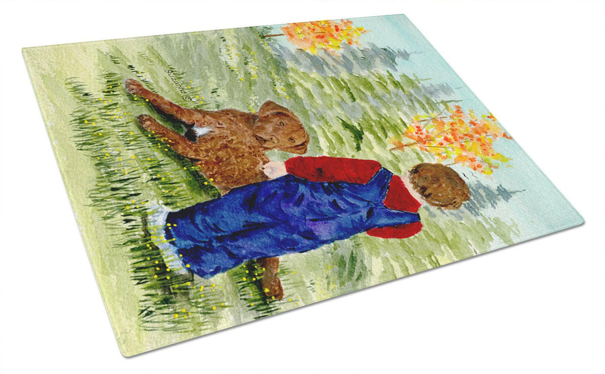 Little boy with his Chesapeake Bay Retriever Glass Cutting Board Large by Caroline&#39;s Treasures