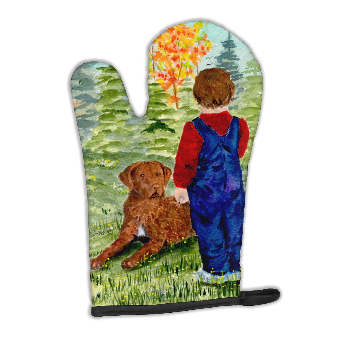 Little boy with his Chesapeake Bay Retriever Oven Mitt SS8547OVMT  the-store.com.