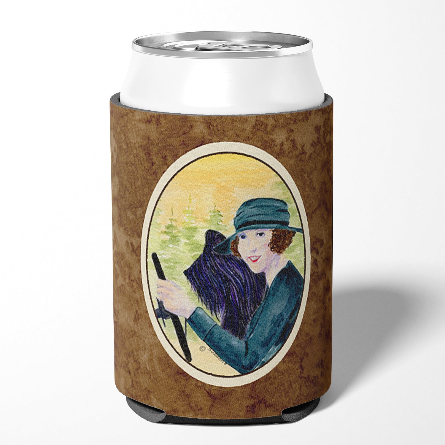 Lady driving with her Briard Can or Bottle Beverage Insulator Hugger