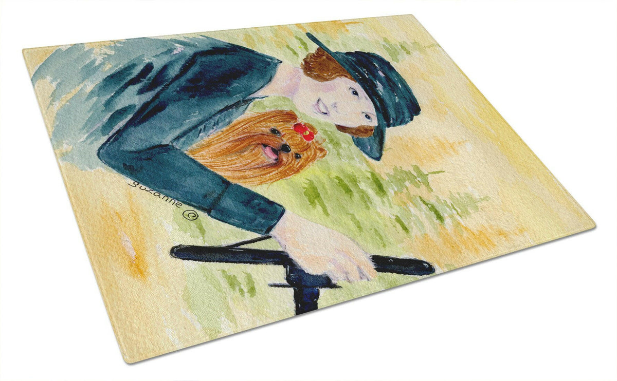 Lady driving with her Yorkie Glass Cutting Board Large by Caroline&#39;s Treasures