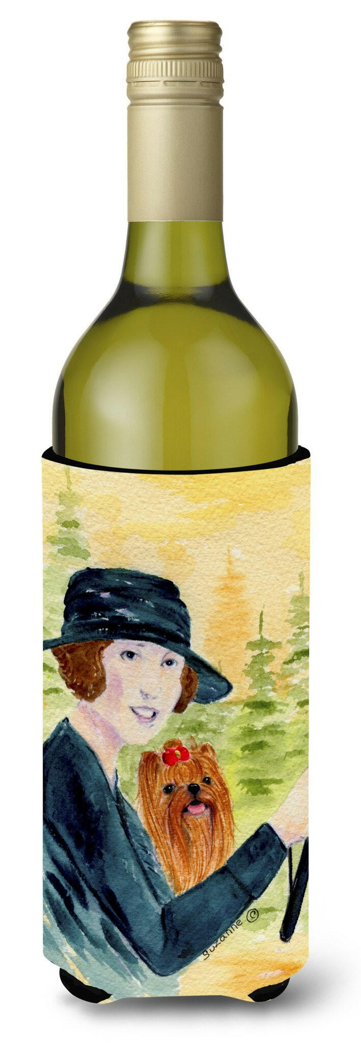 Lady driving with her Yorkie Wine Bottle Beverage Insulator Beverage Insulator Hugger by Caroline&#39;s Treasures