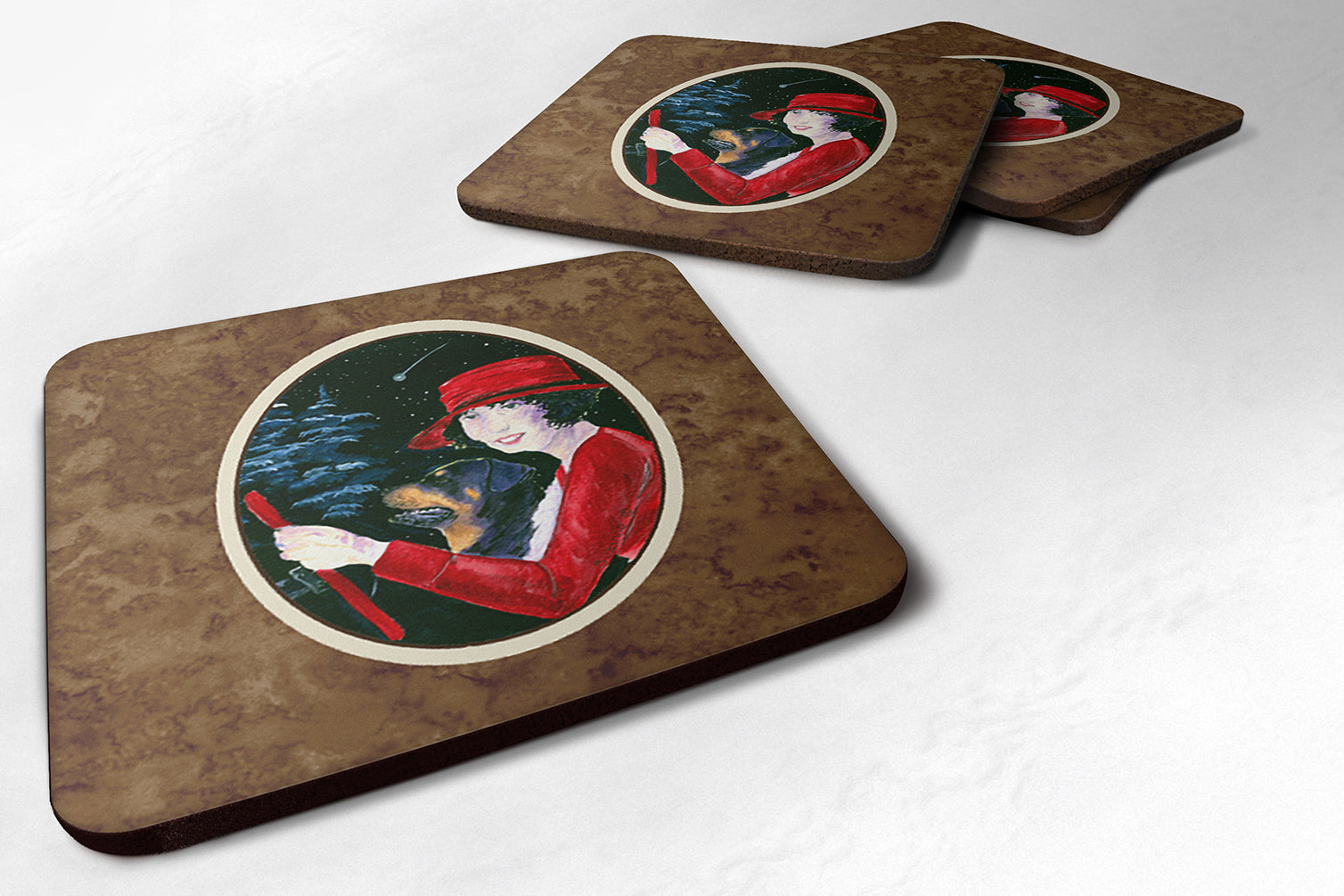 Lady driving with her Rottweiler Foam Coasters Set of 4 - the-store.com