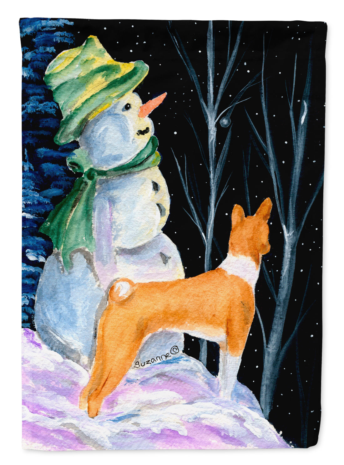 Snowman with Basenji Flag Canvas House Size  the-store.com.