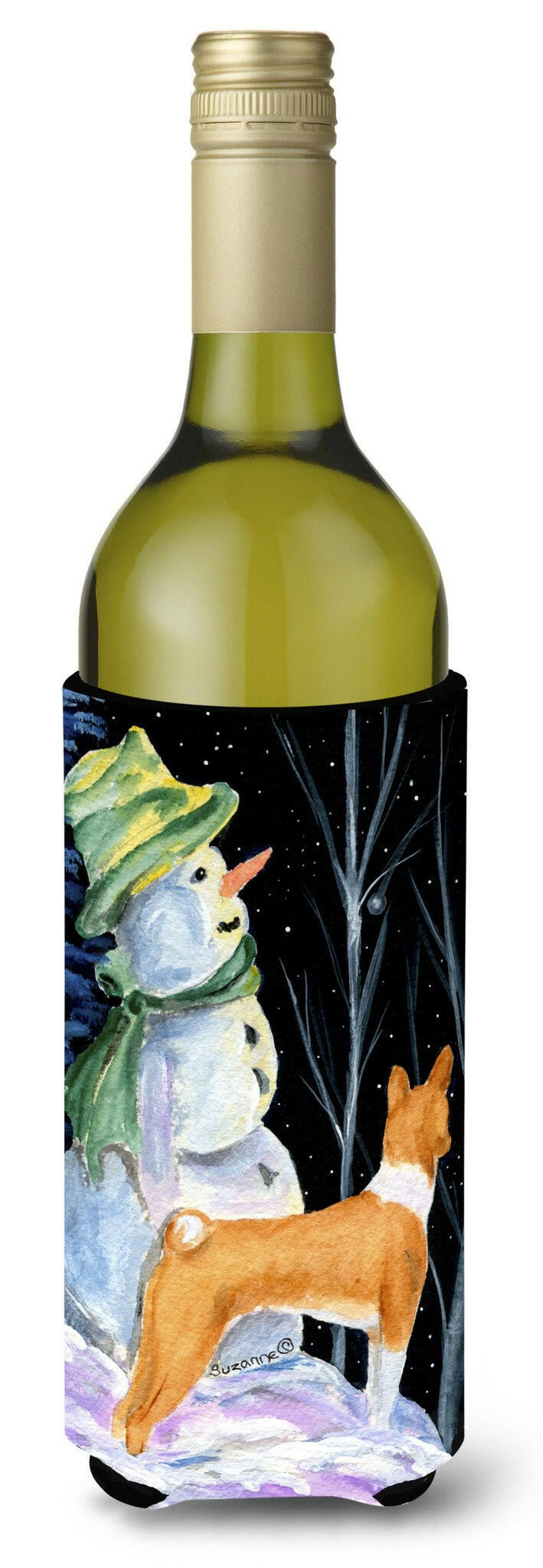 Snowman with Basenji Wine Bottle Beverage Insulator Beverage Insulator Hugger by Caroline&#39;s Treasures
