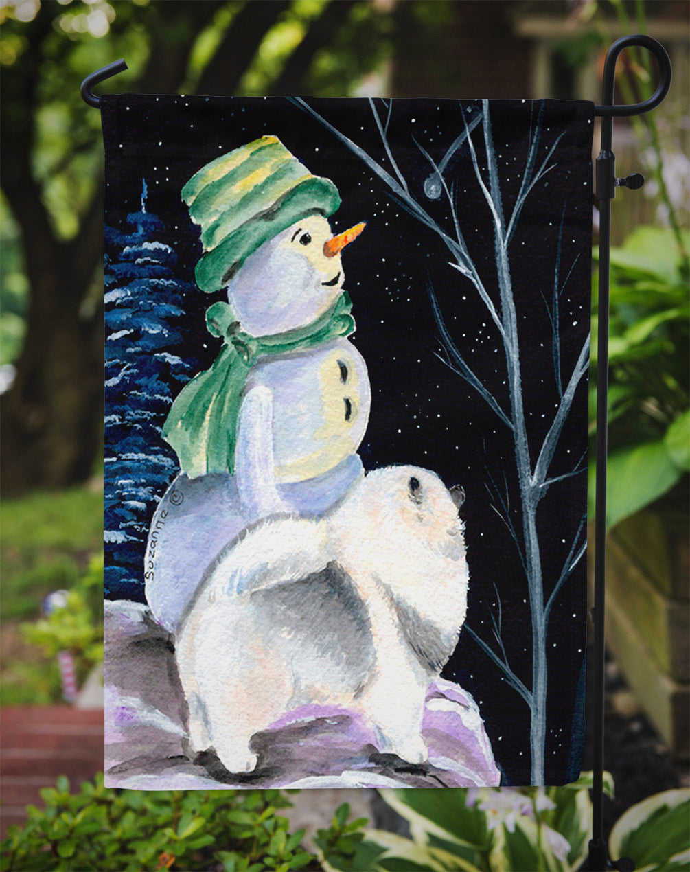 Snowman with Keeshond Flag Garden Size.