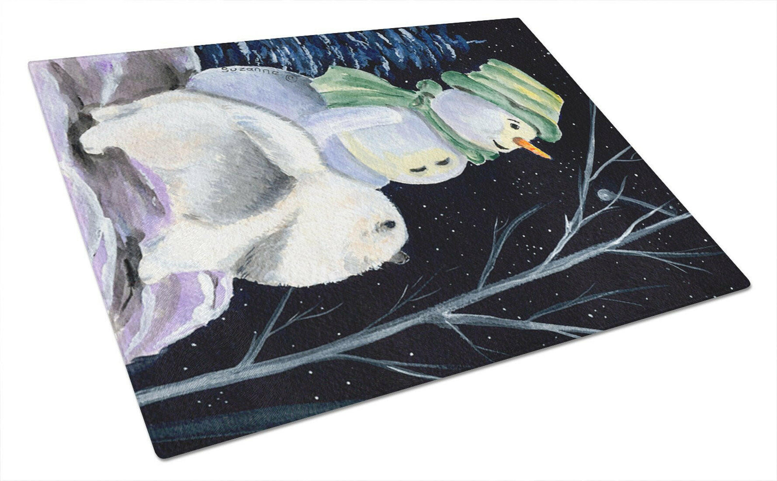 Snowman with Keeshond Glass Cutting Board Large by Caroline's Treasures