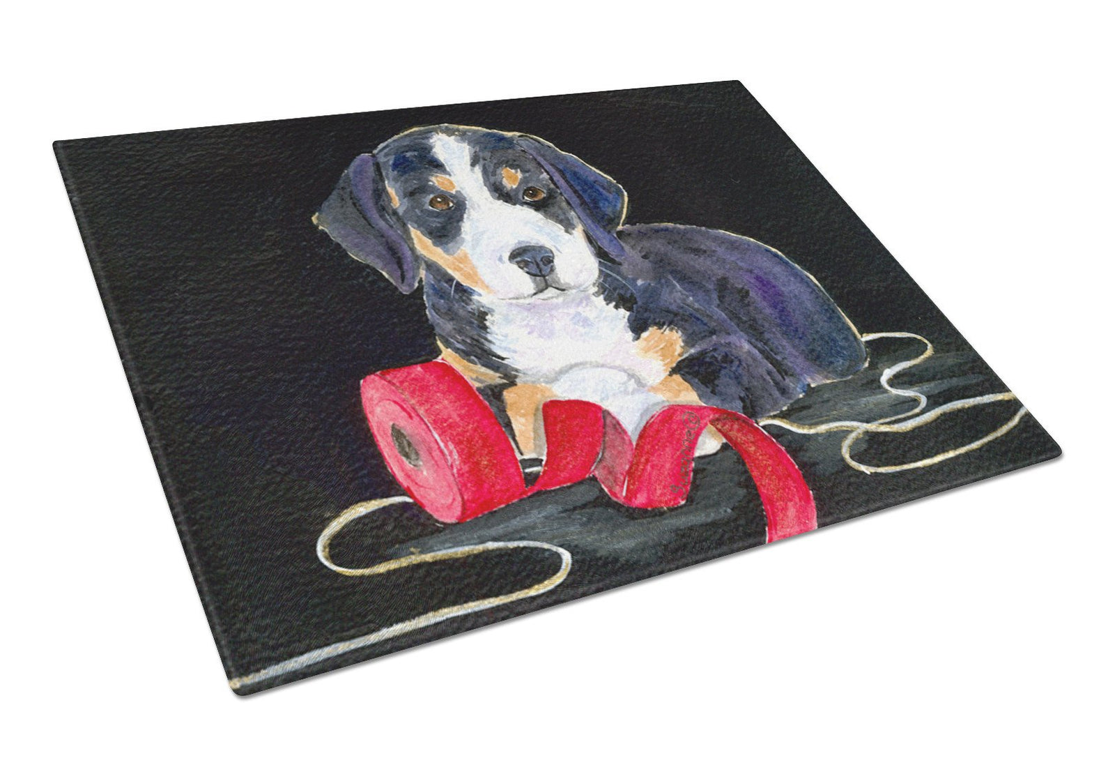 Bernese Mountain Dog Puppy with Ribbon Glass Cutting Board by Caroline's Treasures