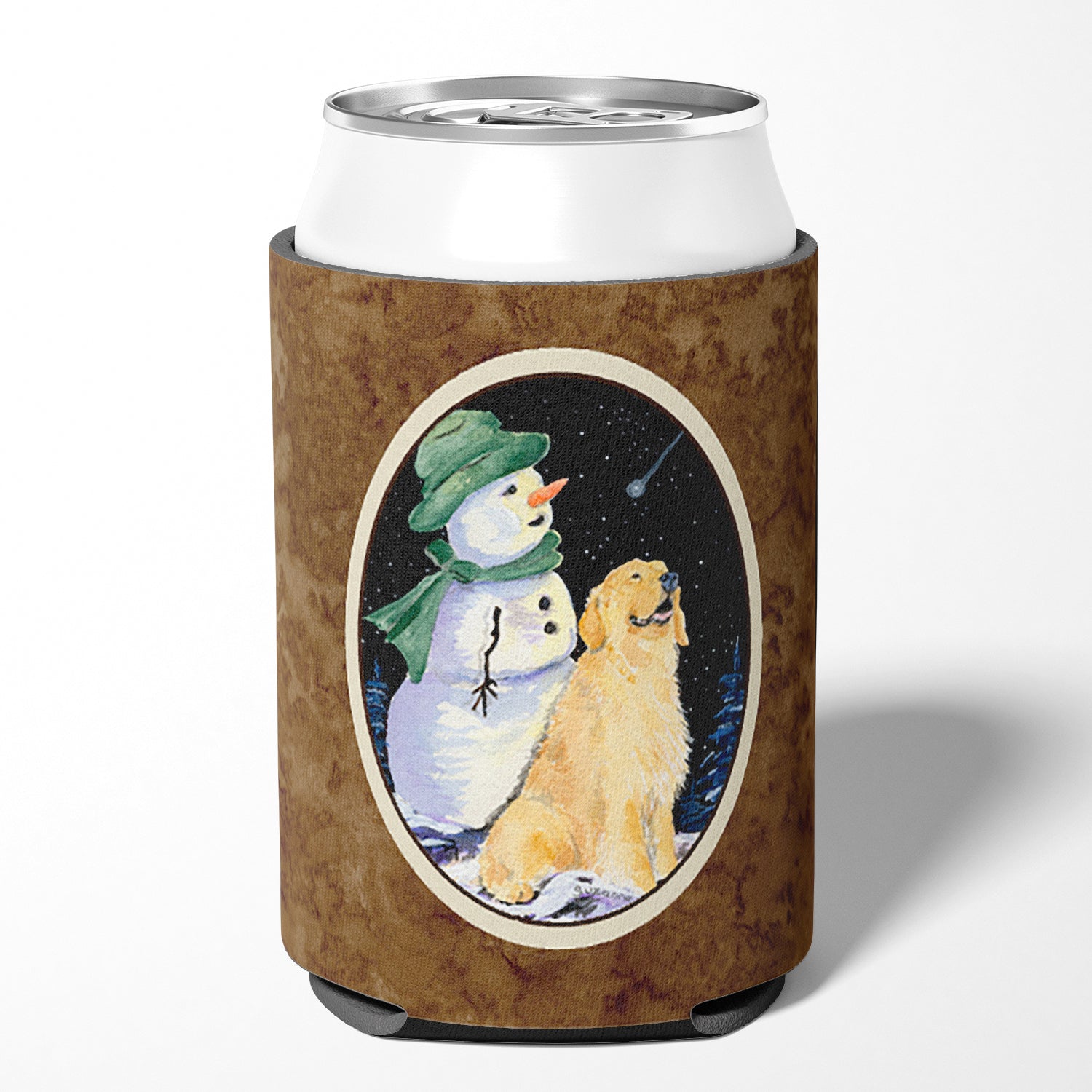 Golden Retriever with Snowman in Green Hat Can or Bottle Beverage Insulator Hugger