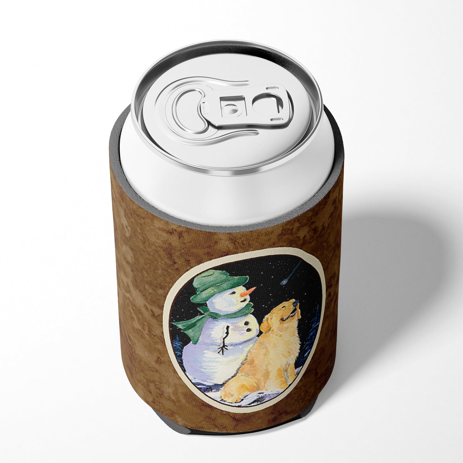 Golden Retriever with Snowman in Green Hat Can or Bottle Beverage Insulator Hugger.