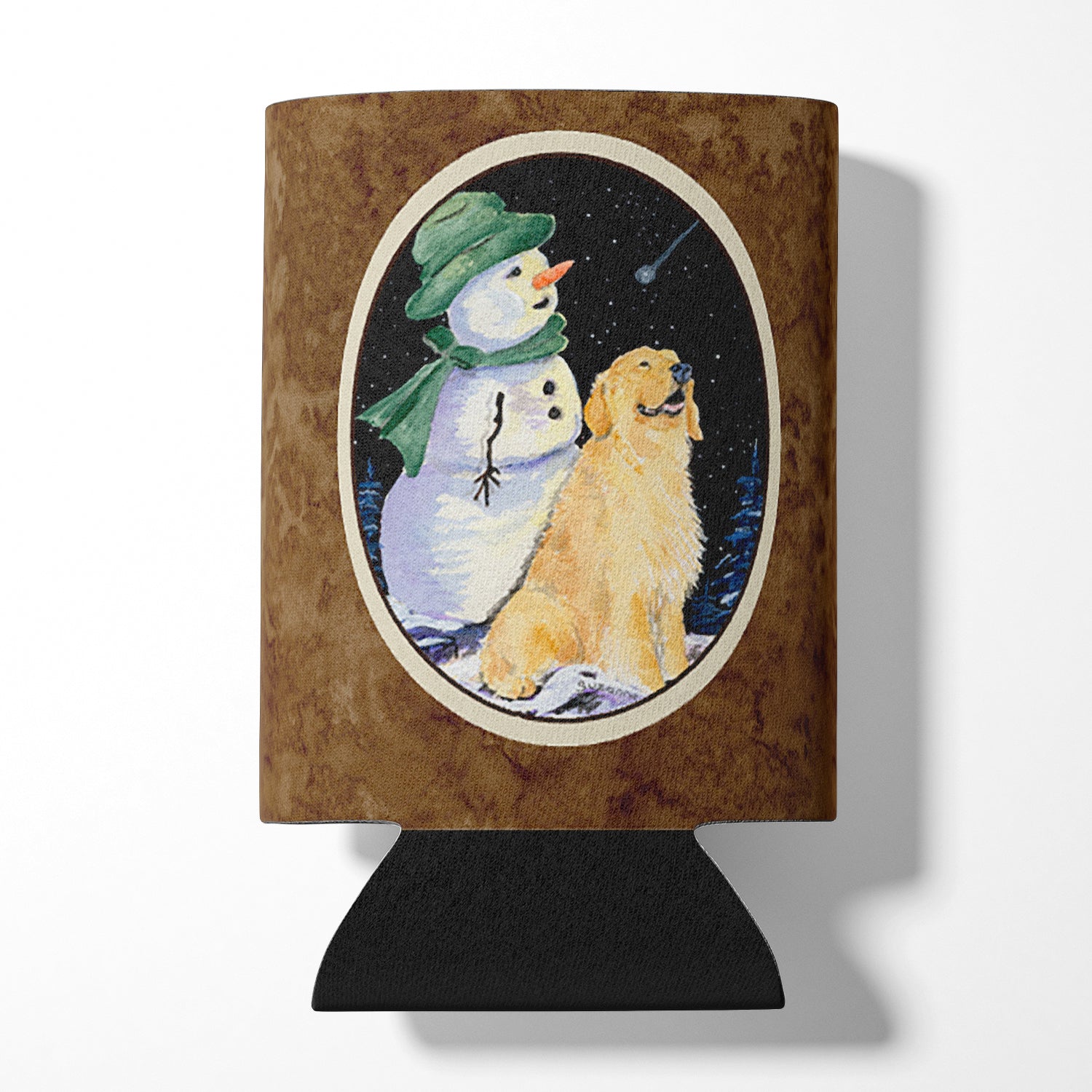 Golden Retriever with Snowman in Green Hat Can or Bottle Beverage Insulator Hugger.