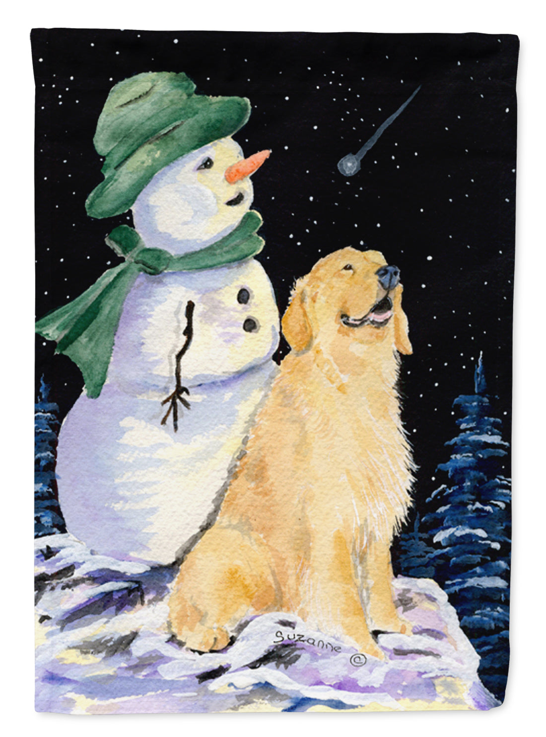 Golden Retriever with Snowman in Green Hat Flag Canvas House Size