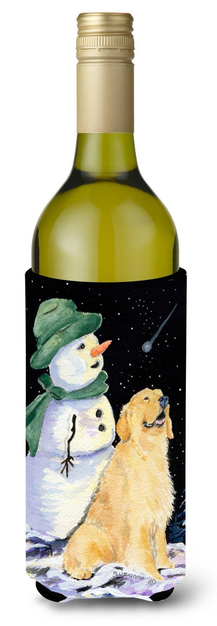 Golden Retriever with Snowman in Green Hat Wine Bottle Beverage Insulator Beverage Insulator Hugger SS8577LITERK by Caroline&#39;s Treasures