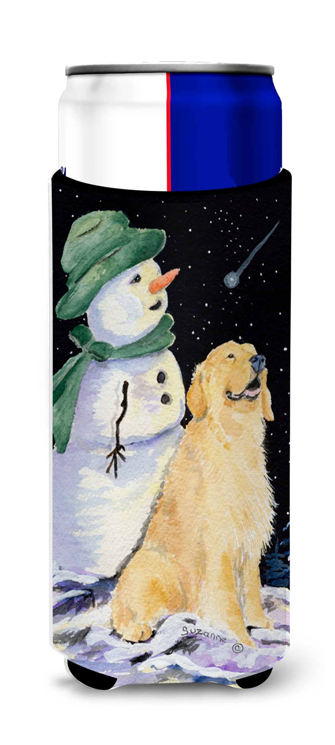 Golden Retriever with Snowman in Green Hat Ultra Beverage Insulators for slim cans SS8577MUK