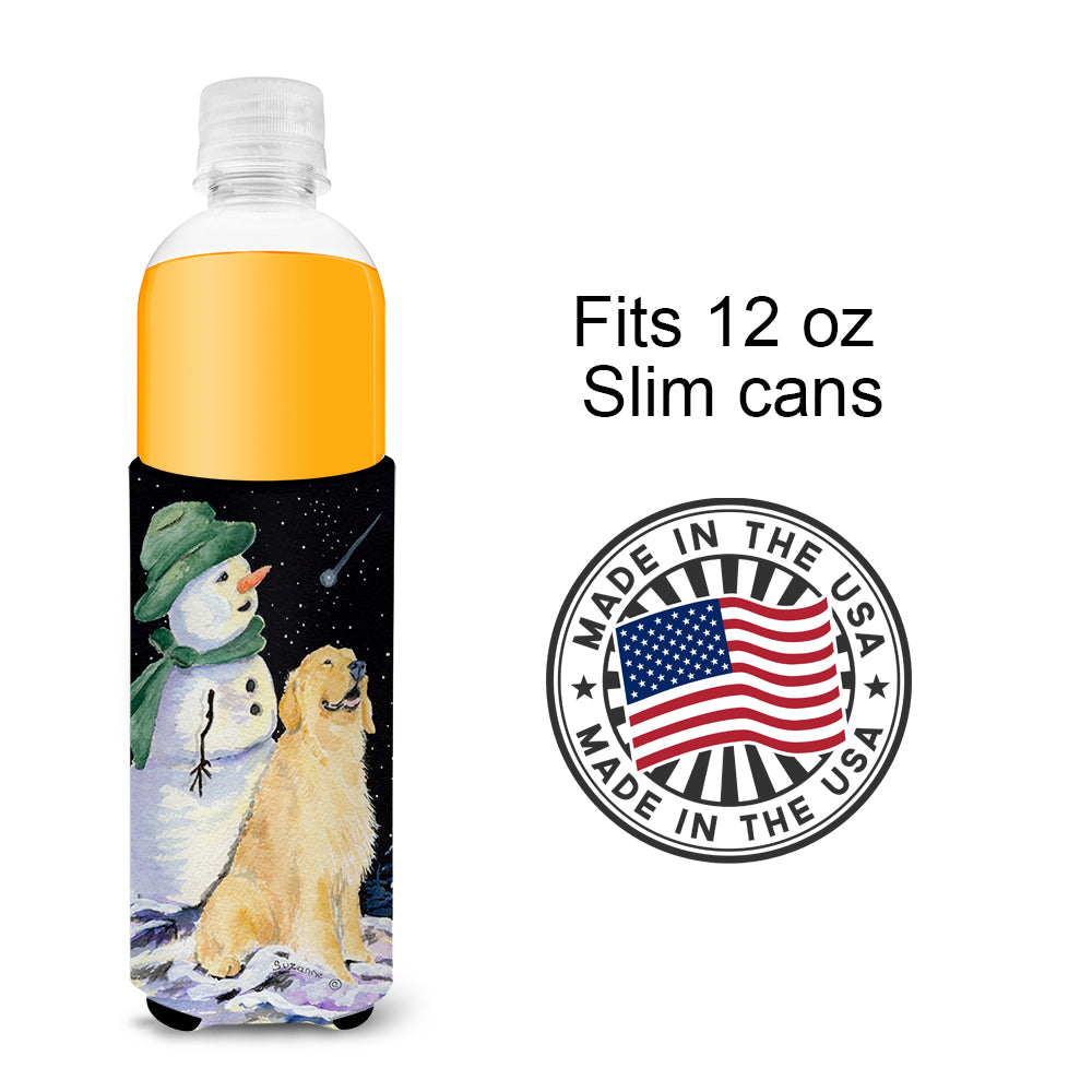 Golden Retriever with Snowman in Green Hat Ultra Beverage Insulators for slim cans SS8577MUK.