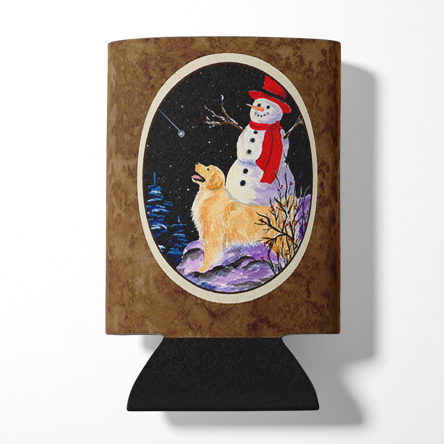 Golden Retriever with Snowman in red Hat Can or Bottle Beverage Insulator Hugger