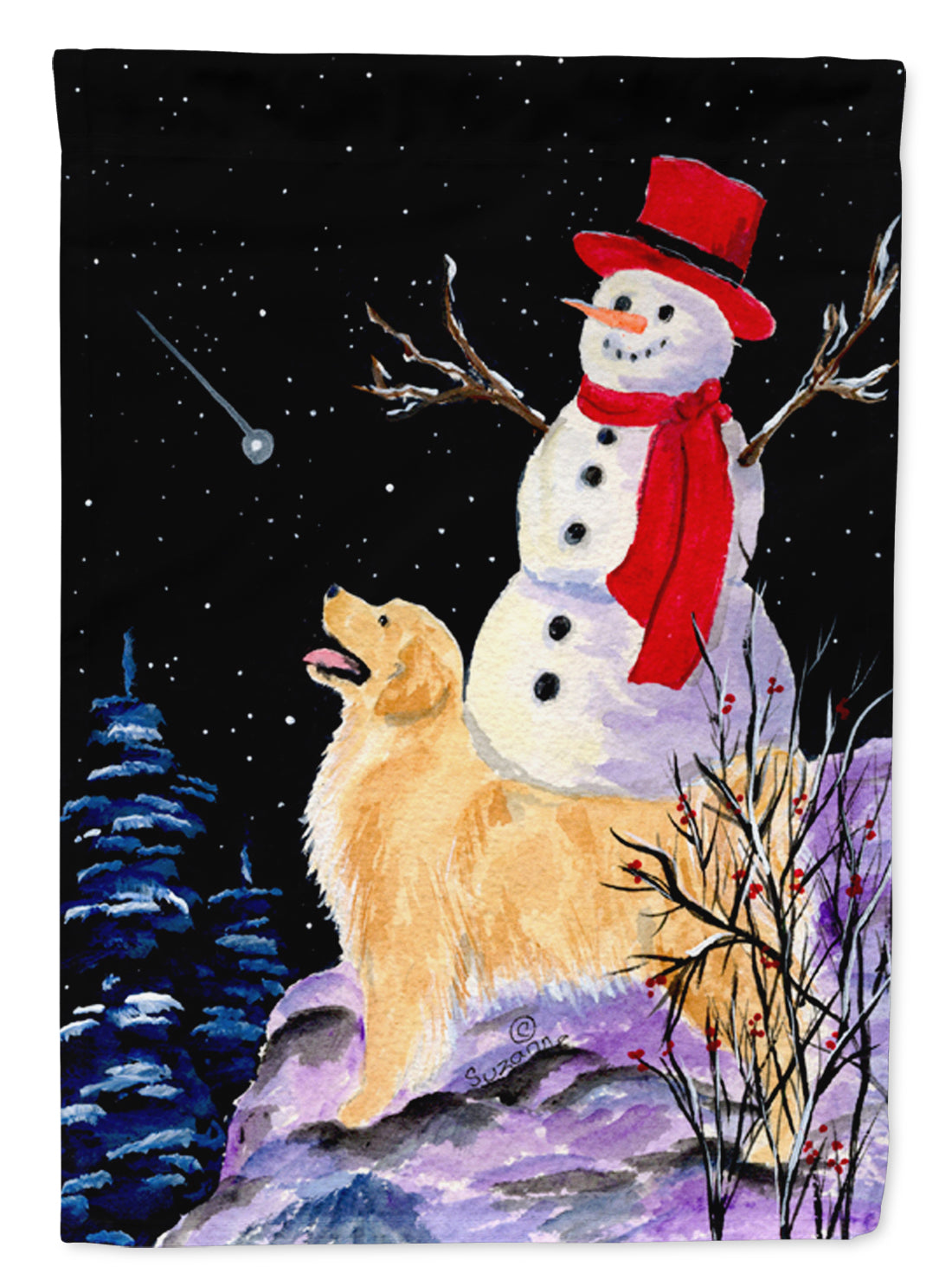Golden Retriever Flag with Snowman in red Hat Canvas House Size