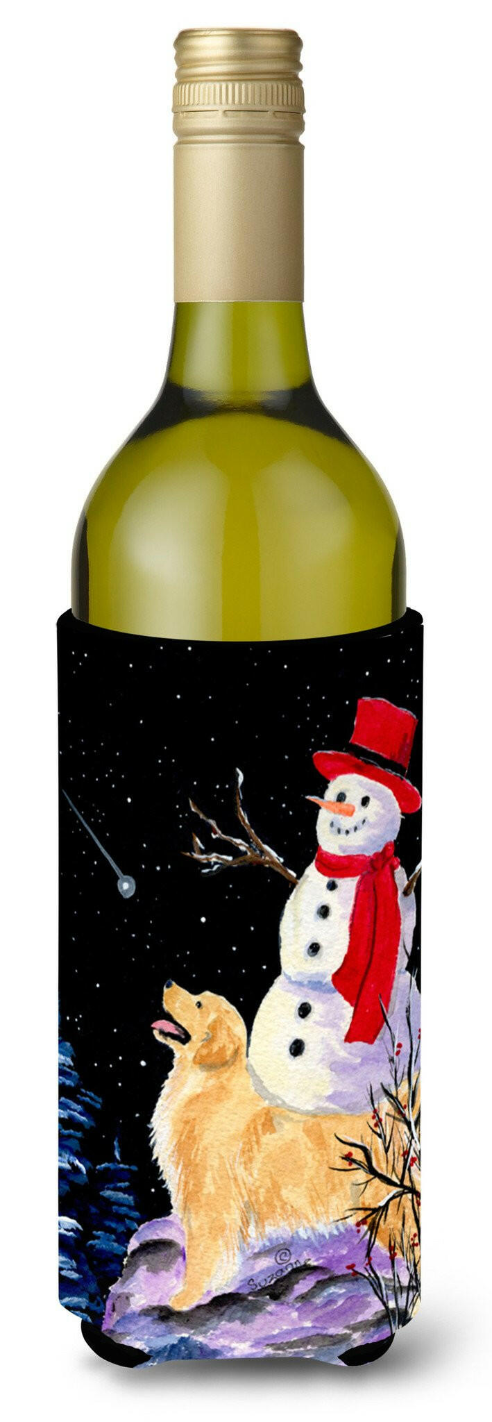Golden Retriever with Snowman in red Hat Wine Bottle Beverage Insulator Beverage Insulator Hugger SS8579LITERK by Caroline&#39;s Treasures