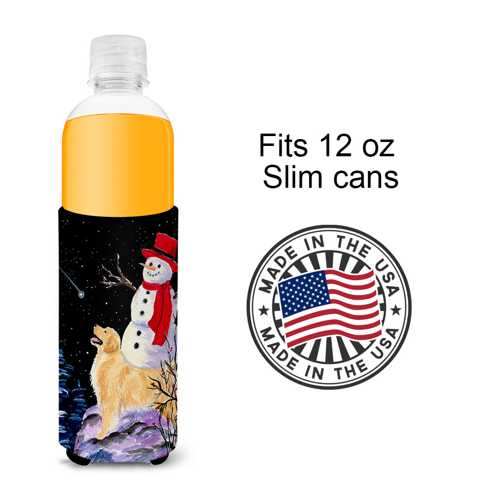 Golden Retriever with Snowman in red Hat Ultra Beverage Insulators for slim cans SS8579MUK.