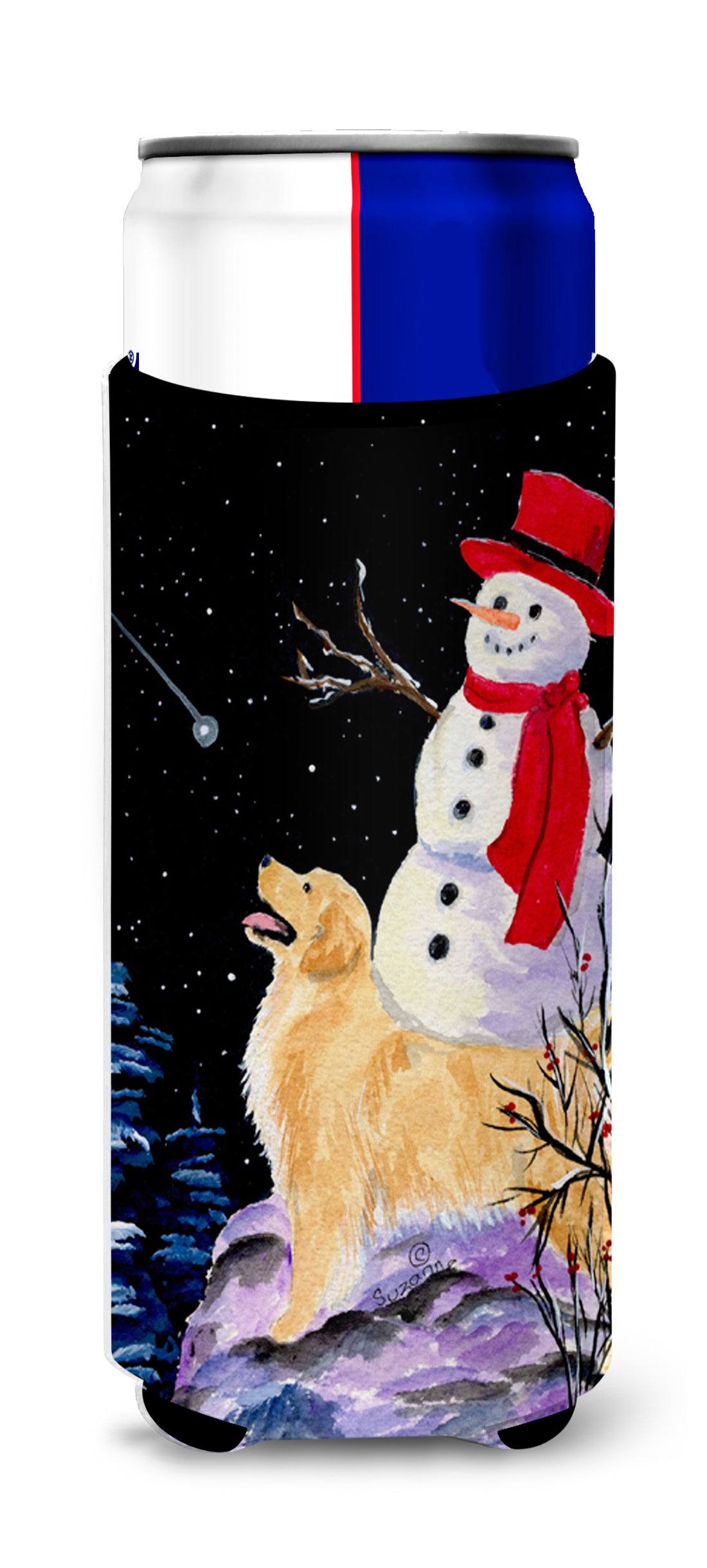 Golden Retriever with Snowman in red Hat Ultra Beverage Insulators for slim cans SS8579MUK.