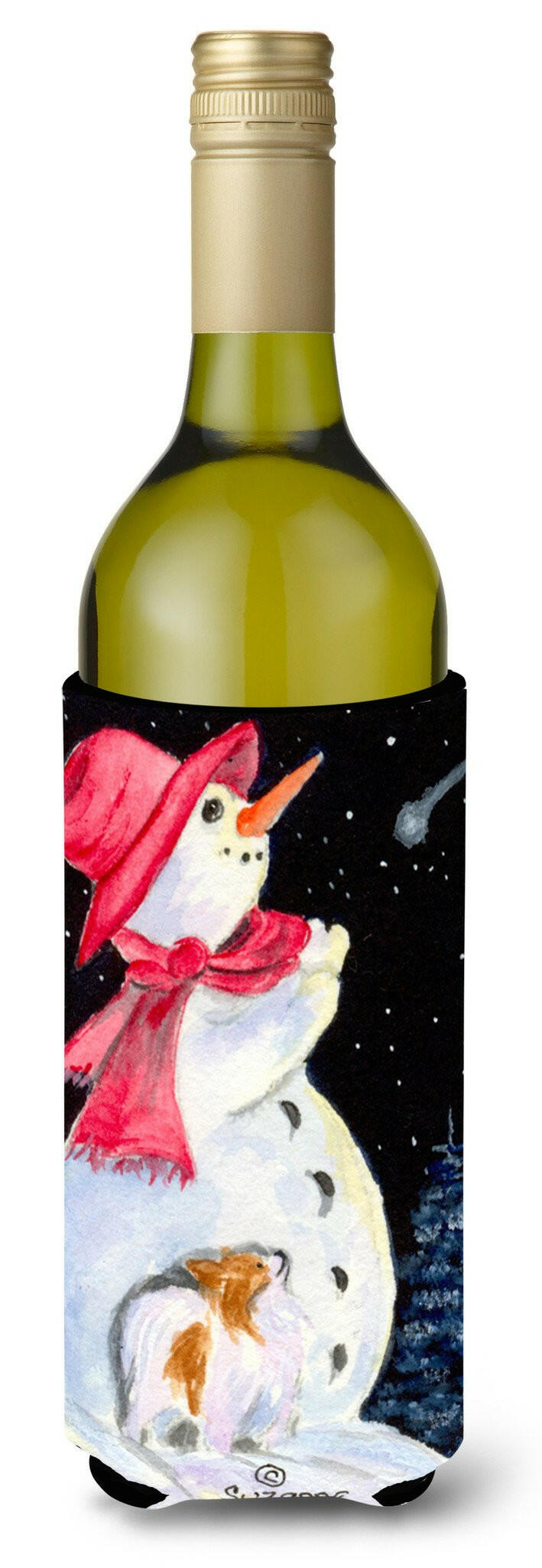 Snowman with Papillon Wine Bottle Beverage Insulator Beverage Insulator Hugger by Caroline&#39;s Treasures