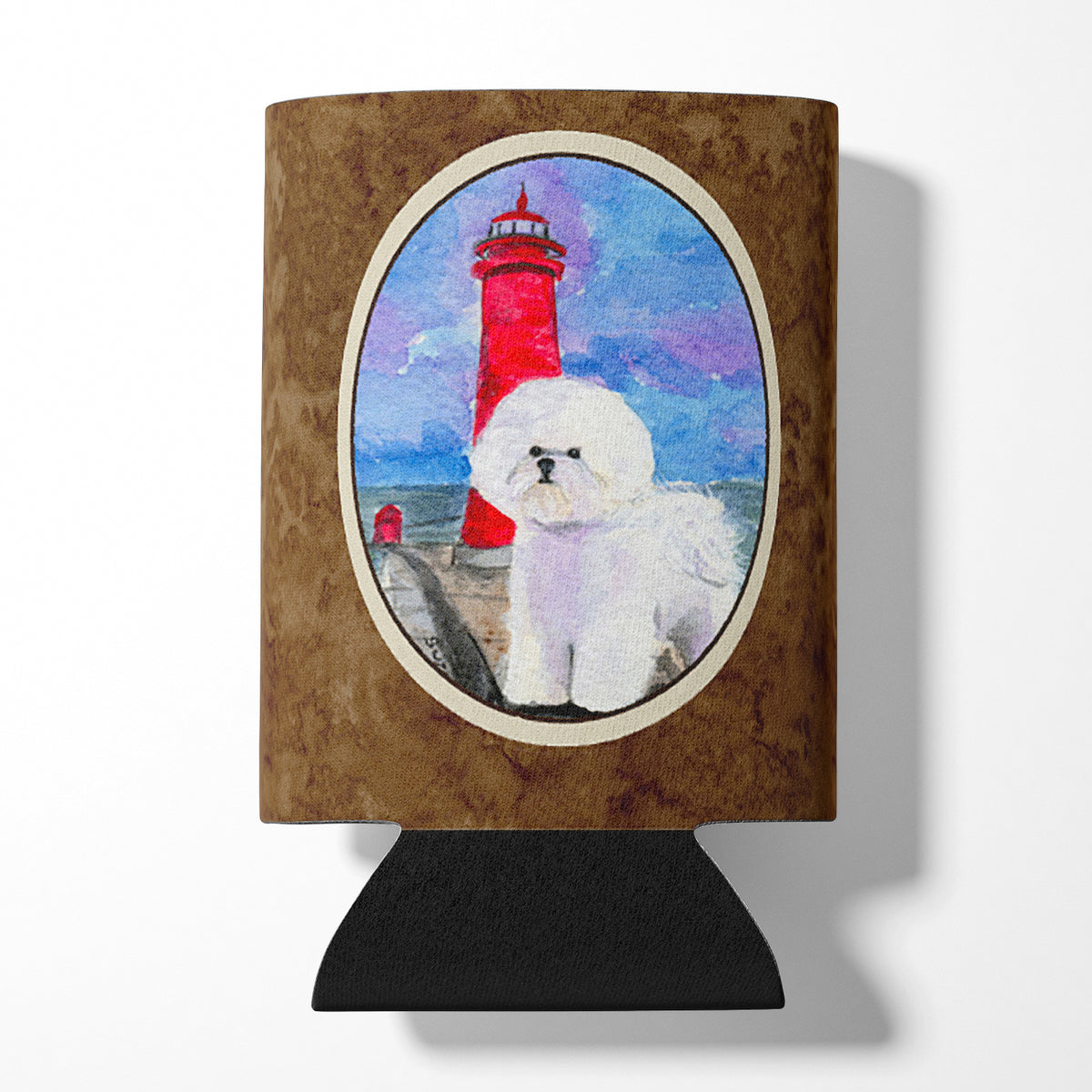 Lighthouse with Bichon Frise Can or Bottle Beverage Insulator Hugger.