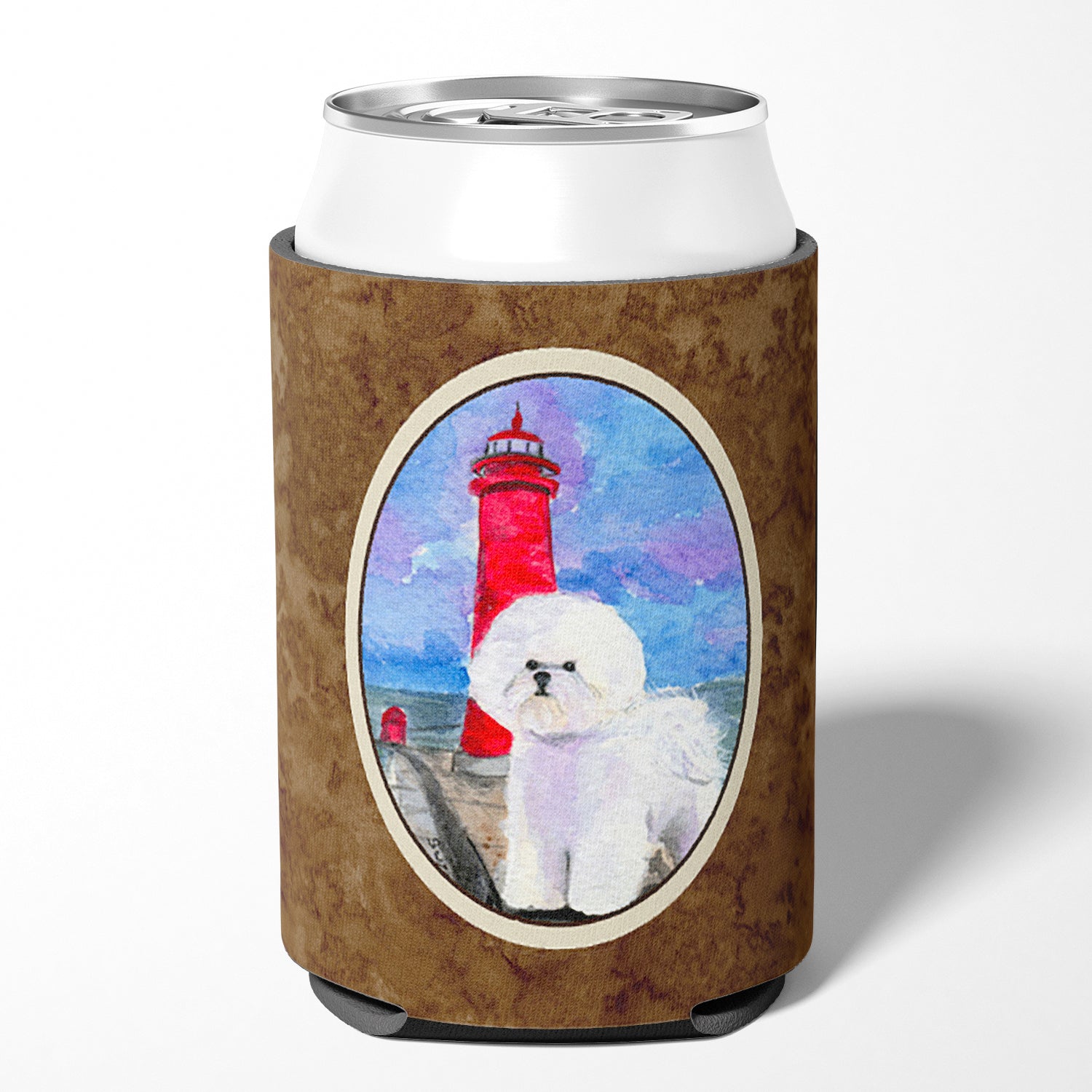 Lighthouse with Bichon Frise Can or Bottle Beverage Insulator Hugger