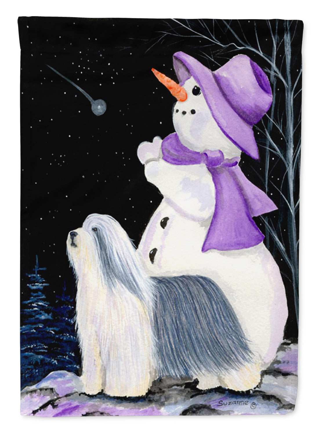 Snowman with Bearded Collie Flag Canvas House Size  the-store.com.