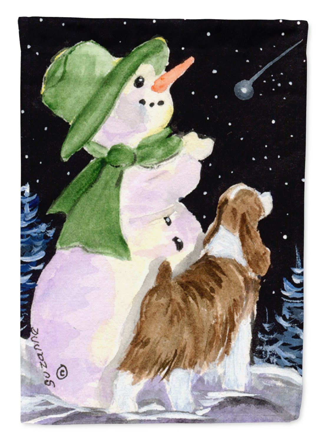 Snowman with English Springer Spaniel Flag Canvas House Size  the-store.com.
