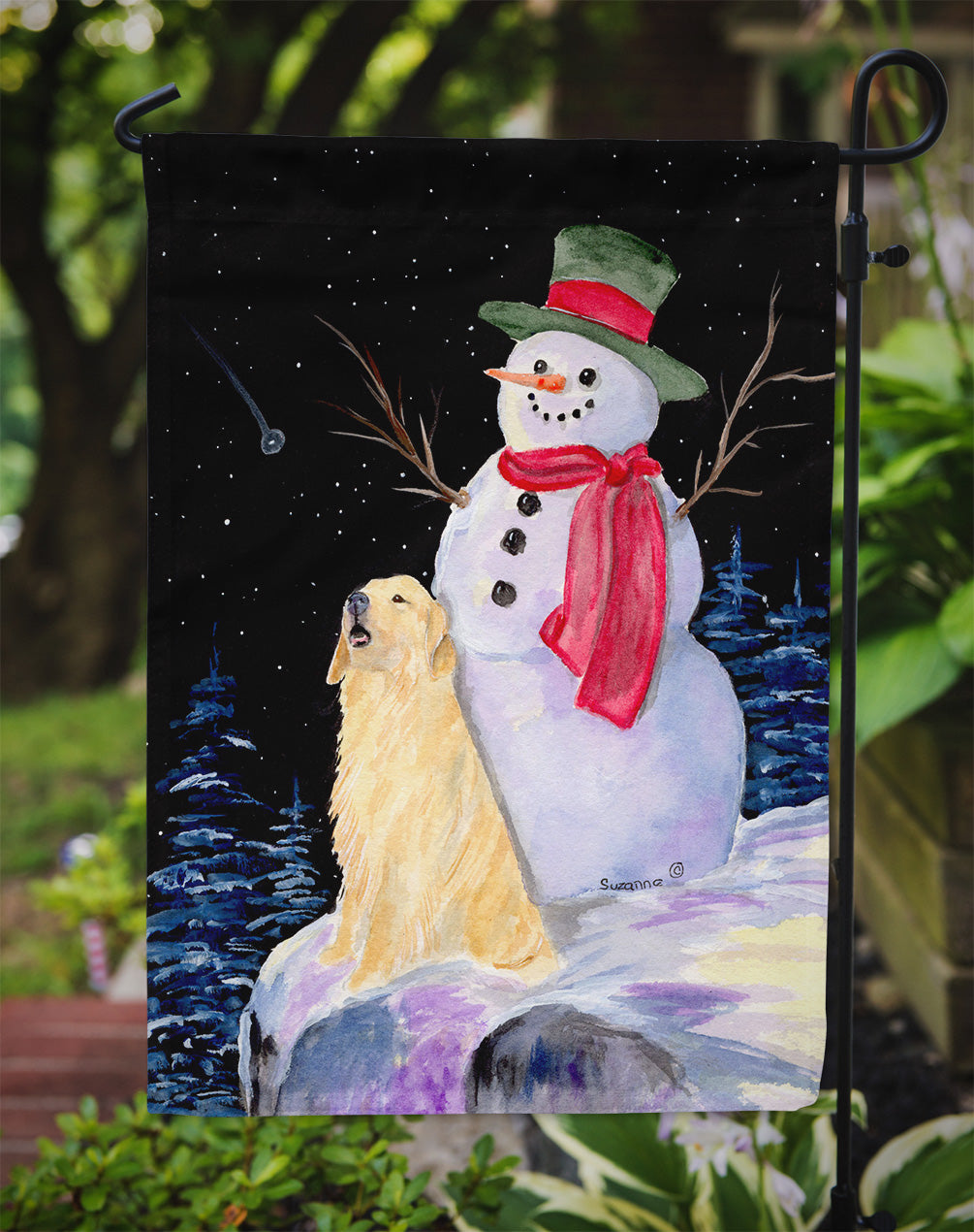 Snowman with Golden Retriever Flag Garden Size