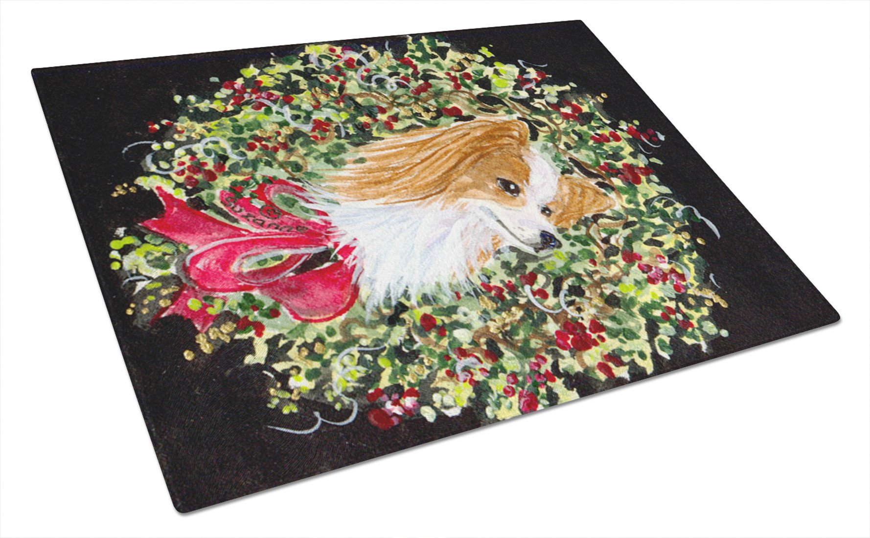 Christmas Wreath Papillon Glass Cutting Board Large by Caroline's Treasures