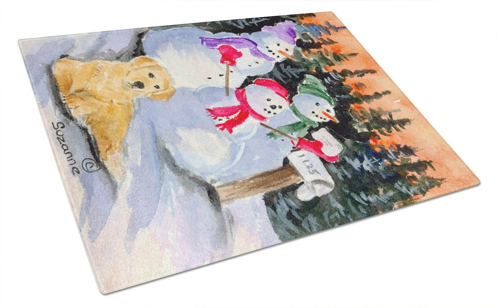 Snowman with Golden Retriever Glass Cutting Board Large by Caroline's Treasures