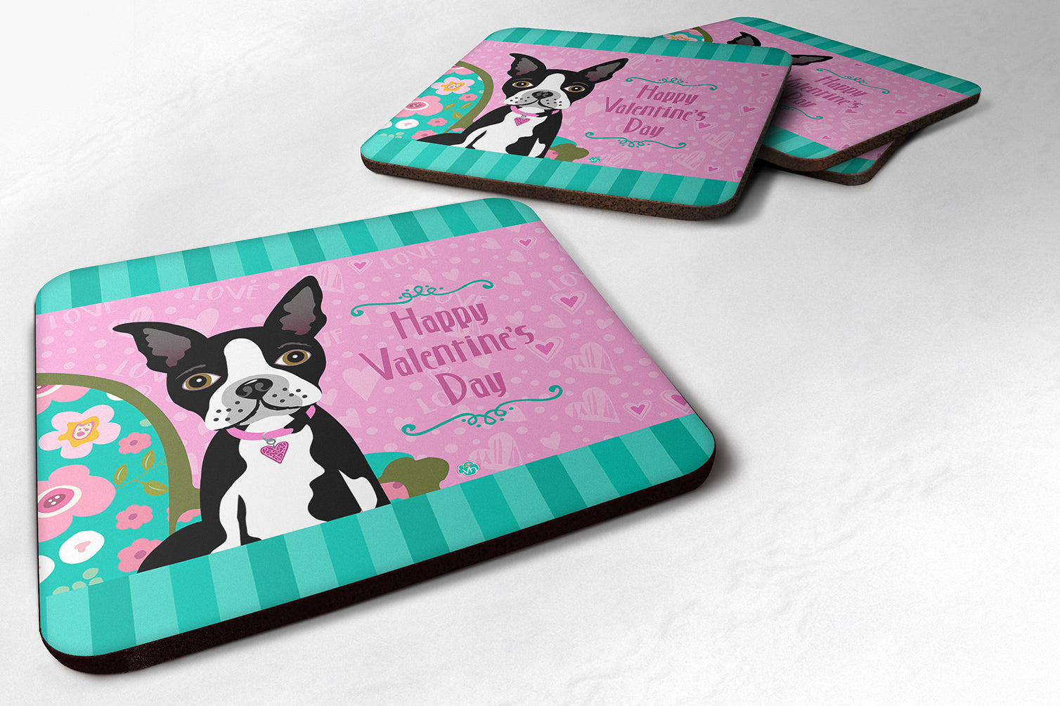 Set of 4 Happy Valentine's Day Boston Terrier Foam Coasters VHA3001FC - the-store.com