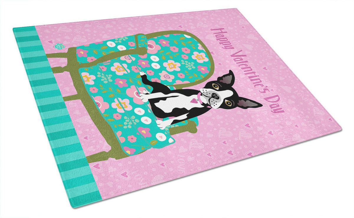 Happy Valentine&#39;s Day Boston Terrier Glass Cutting Board Large VHA3001LCB by Caroline&#39;s Treasures