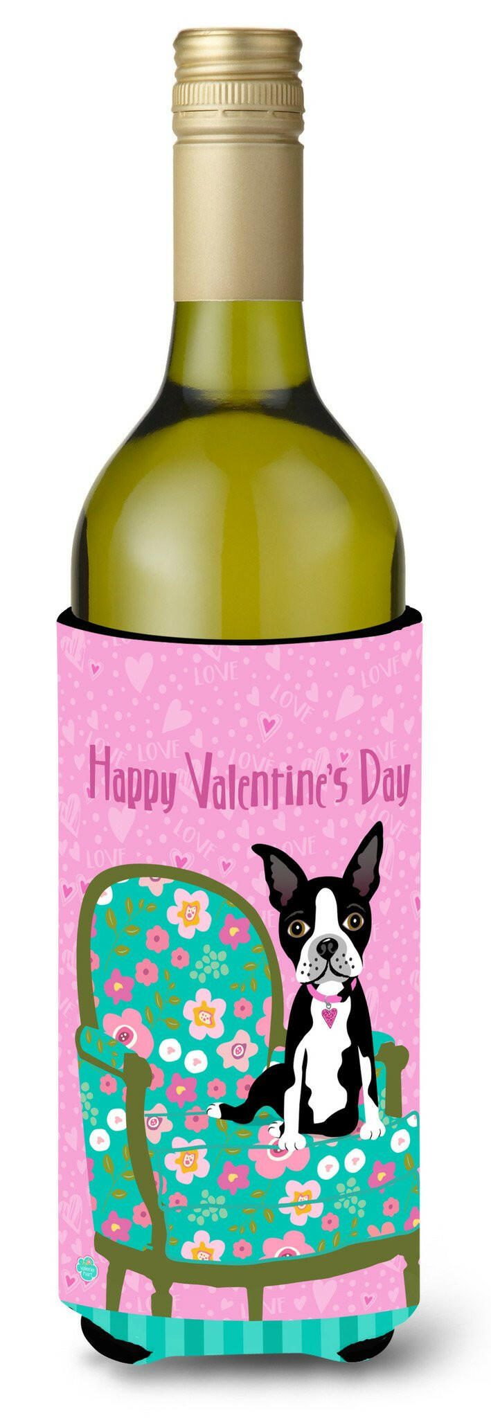 Happy Valentine&#39;s Day Boston Terrier Wine Bottle Beverage Insulator Hugger VHA3001LITERK by Caroline&#39;s Treasures