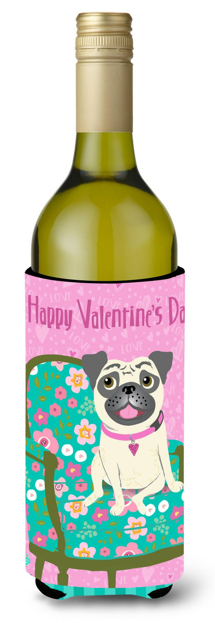 Happy Valentine&#39;s Day Pug Wine Bottle Beverage Insulator Hugger VHA3002LITERK by Caroline&#39;s Treasures
