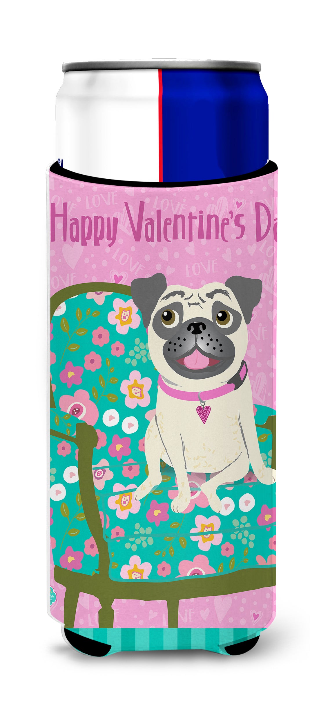 Happy Valentine&#39;s Day Pug Ultra Beverage Insulators for slim cans VHA3002MUK