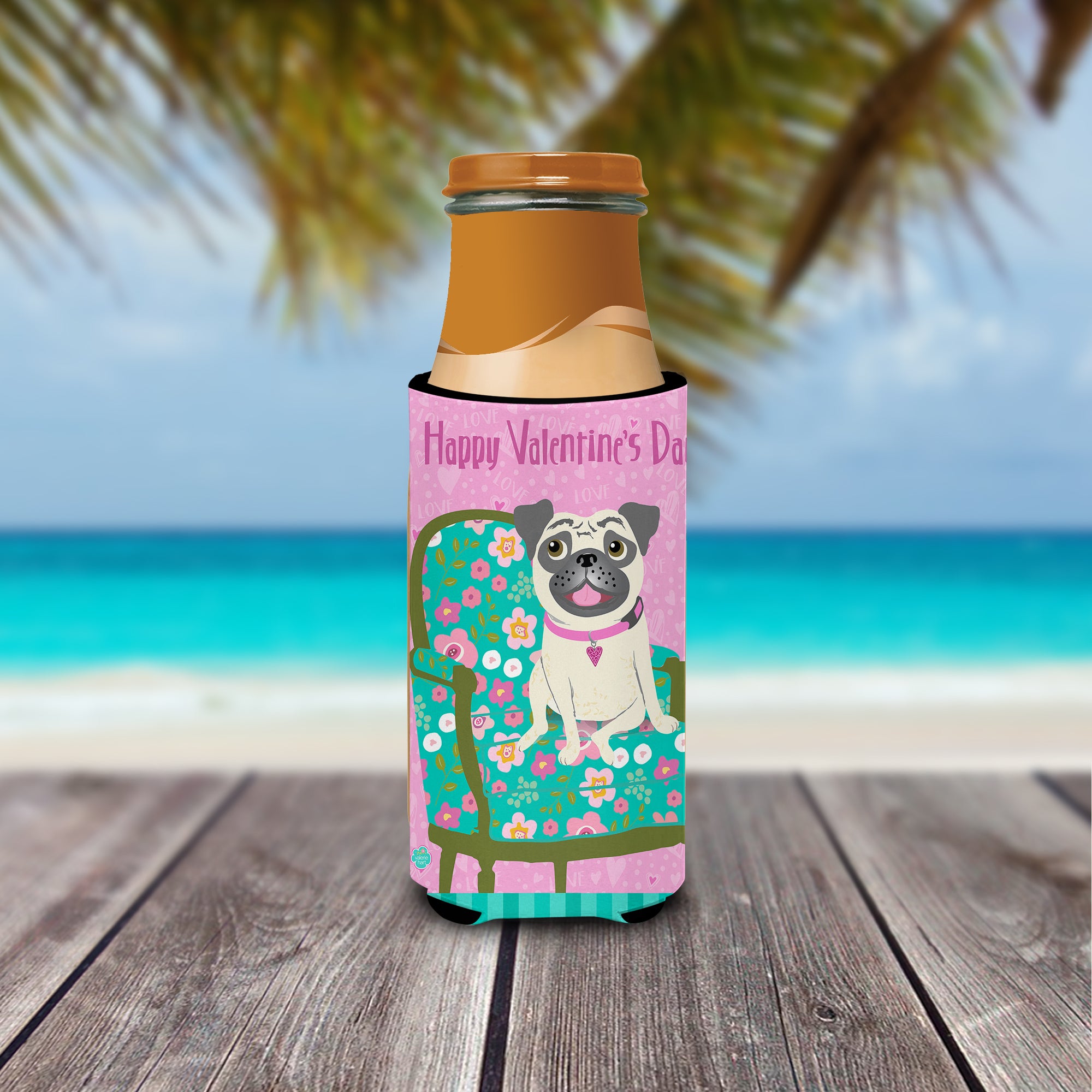 Happy Valentine's Day Pug Ultra Beverage Insulators for slim cans VHA3002MUK  the-store.com.