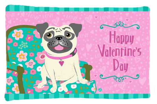 Caroline's Treasures Happy Valentine's Day Pug Fabric Standard Pillowcase – Artistic Decorative Front, White Back