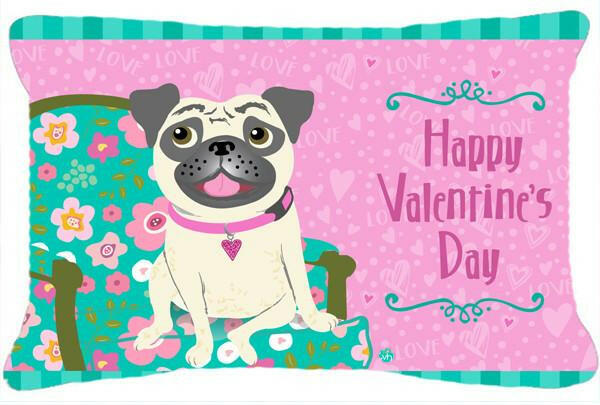 Happy Valentine&#39;s Day Pug Fabric Decorative Pillow VHA3002PW1216 by Caroline&#39;s Treasures